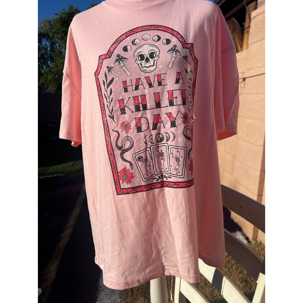Have A Killer Day Graphic T-Shirt Pink Skull Tarot Oversized Tee Large NEW